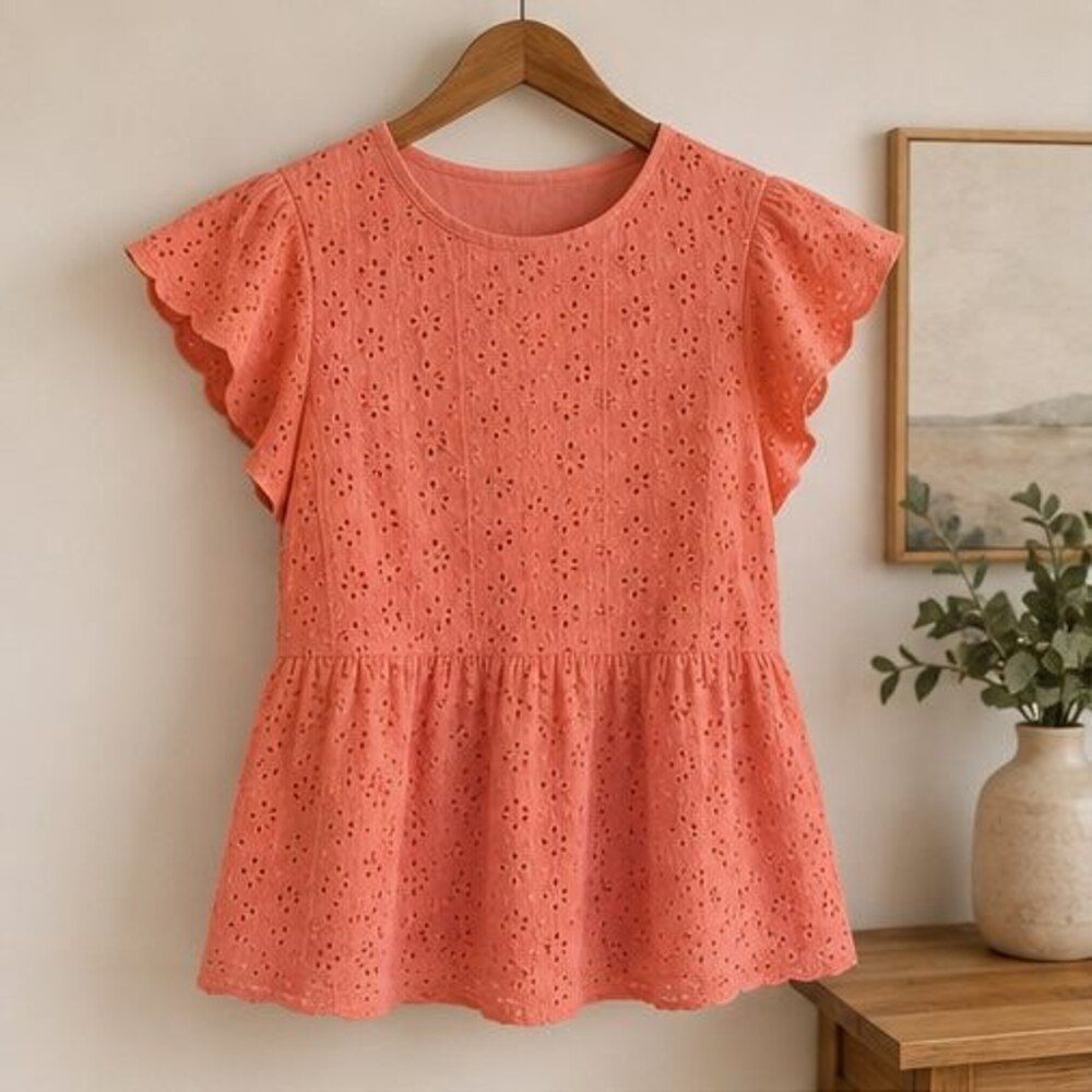 Coral Eyelet Peplum Blouse